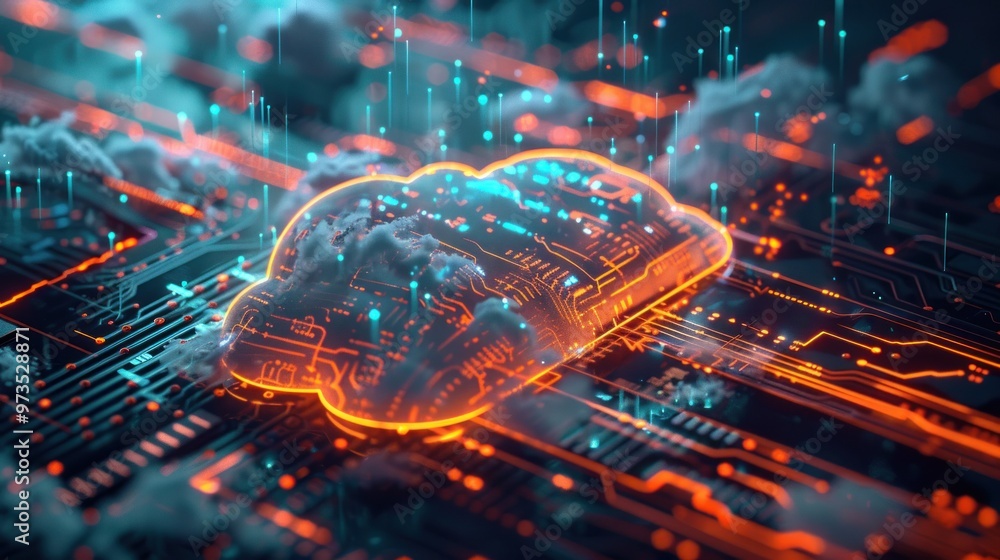 Poster abstract concept of cloud computing with a glowing orange cloud icon on a futuristic circuit board.