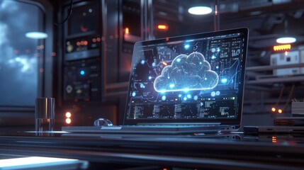 Laptop with cloud computing interface on screen in server room.