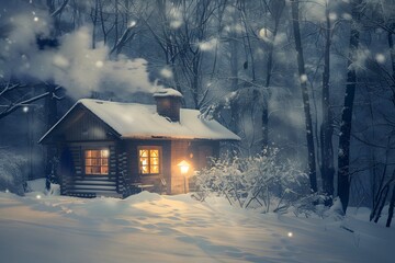 A cozy winter cabin set in a snowy forest, offering a peaceful retreat with picturesque snow-covered scenery