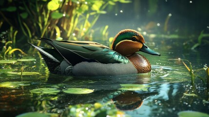 A mandarin duck with iridescent green and brown plumage floats serenely in a pond, surrounded by lush green lily pads and reeds.