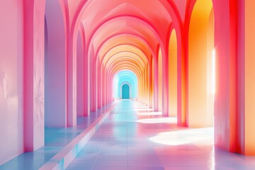 Vibrant architectural concept featuring colorful arches and serene light reflections