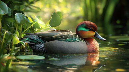 A green-winged teal duck swims in a pond with lush green foliage in the background.
