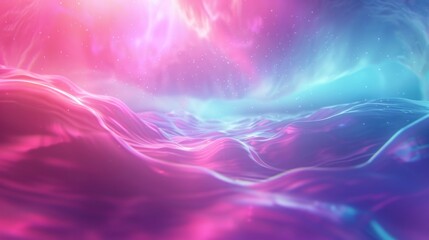Abstract pink and blue wavy background with glowing particles.