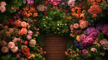 From above, the floral archway showcases a rich tapestry of colorful flowers, creating an impressive and picturesque entrance to the garden.