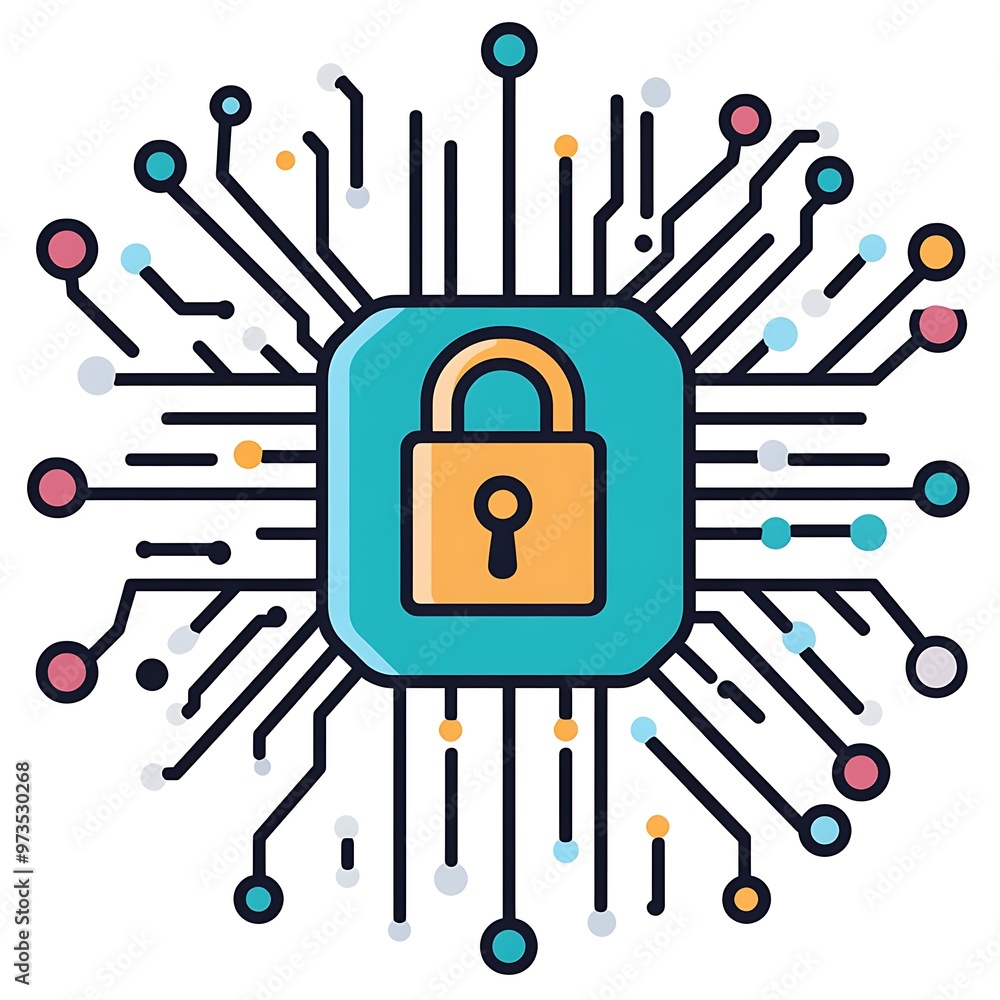Poster cybersecurity concept, padlock on a microchip with circuit board
