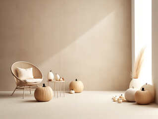 Modern minimalist japandi interior living room with halloween decor elements in neutral color with orange accent