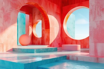 Fototapeta premium Vibrant architectural elements in a colorful abstract interior space at dusk