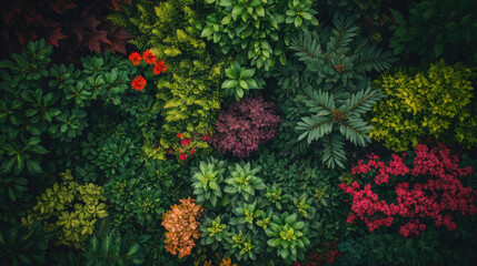 Top-down view of a garden with a variety of flowering shrubs and plants creating a colorful and textured landscape with lush greenery.