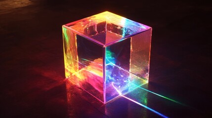 Glass cube refracting light into rainbow spectrum on dark surface.