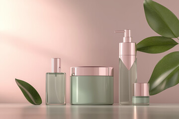 Eco-friendly Selection of Personal Skincare Products with  Greenery and Copy Space Casting Soft Shadows on a Pastel Background. Clean Beauty Concepts.