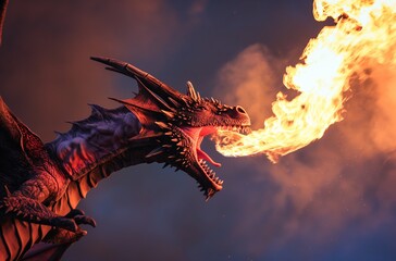 Big red dragon breathing fire at twilight