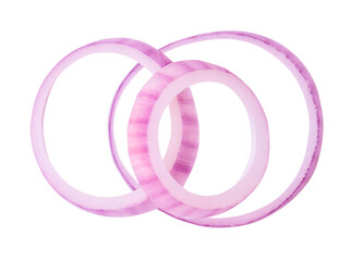 Top view of fresh red or purple onion rings or slices isolated with clipping path in png file format