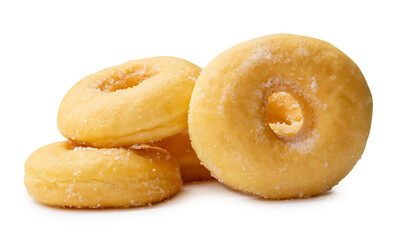 Side view of brown sugar glazed cinnamon donuts in stack isolated on white background with clipping...