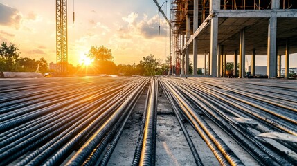 Steel flooring construction at a building site with partially erected structure during sunset, highlighting industrial materials, development process, and large-scale urban expansion