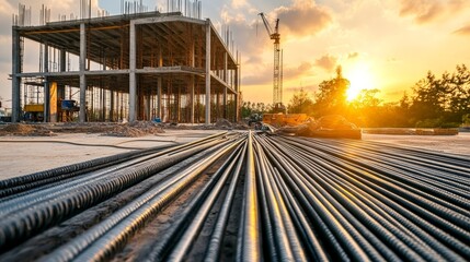 Fototapeta premium Steel flooring construction at a building site with partially erected structure during sunset, highlighting industrial materials, development process, and large-scale urban expansion
