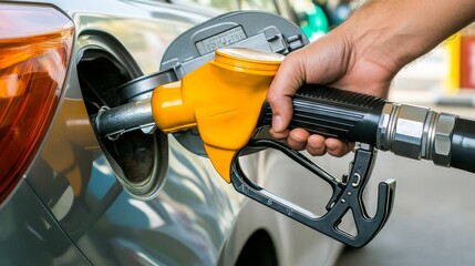 A hand holds a gasoline nozzle for refueling a car at a gas station, emphasizing the importance of fuel access and the convenience of modern transportation in everyday life