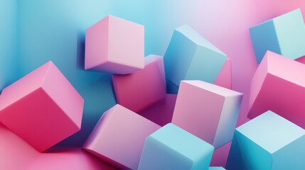 Fototapeta premium Abstract pastel pink and blue cubes against a gradient background.
