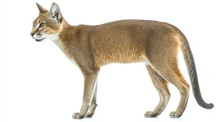 Chausie cat stands tall and proud, exhibiting its wild and athletic build. This striking feline captures attention with its unique features and elegant stance.
