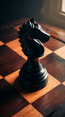 High angle view of black chess piece on wooden chessboard