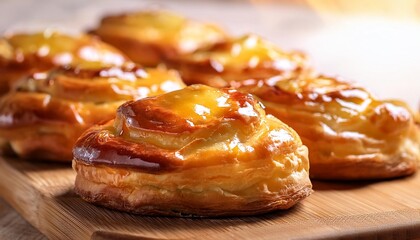 a close up of freshly glazed pies with a golden flaky crust on a wooden serving board exuding homely warmth and taste