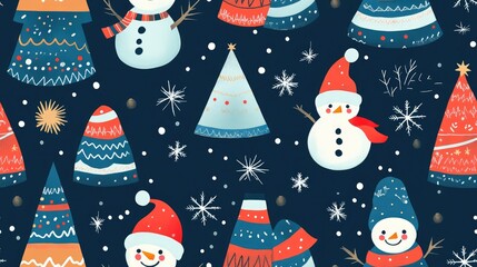 Seamless geometric pattern featuring cartoon Christmas trees and snowmen suitable for wrapping paper fabrics linens children s clothing prints party accessories and New Year packaging