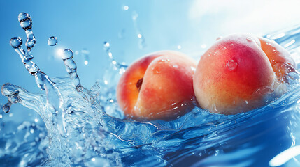 background with two fresh peaches and a gentle water splash in an ultra-soft focus, emphasizing a dreamy, ethereal y2k aesthetic, pure blue sky background