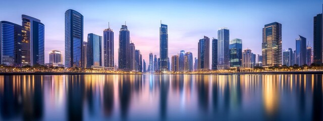 Obraz premium Modern City Skyline at Dusk with Reflections