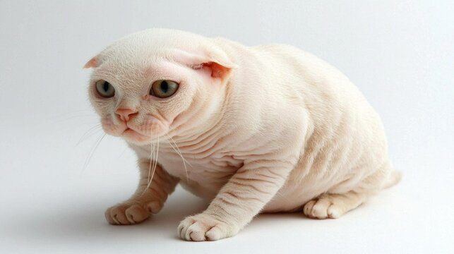 delightful Dwelf cat sits gracefully, displaying its unique hairless physique and adorable short legs against a clean white backdrop, capturing attention effortlessly.