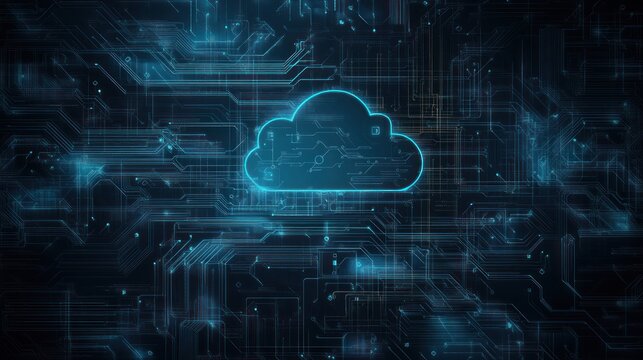 Abstract digital cloud computing concept with glowing lines and a cloud shape.