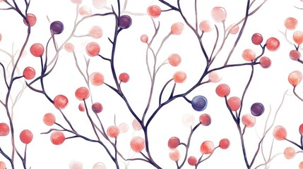 Abstract seamless pattern of intertwined twigs and berries Digitally hand drawn illustration featuring a watercolor texture Versatile motif for textile decoration and botanical designs