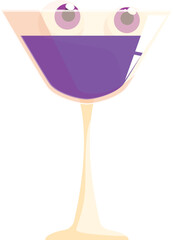Cartoon cocktail glass with purple drink decorated with plastic eyeballs for halloween party