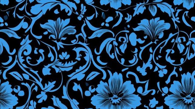 Gothic floral geometric seamless pattern in black and blue Raster illustration