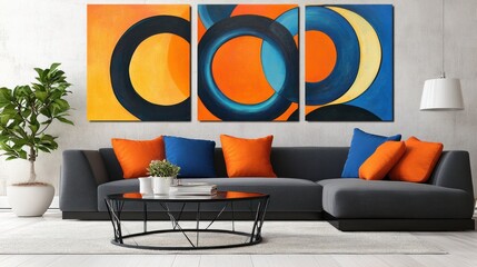 Modern living room with a grey sectional sofa, orange and blue pillows, and abstract artwork above.
