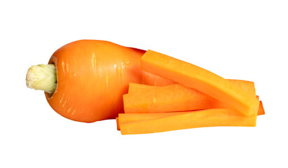 Side view of fresh orange carrot root with slices in stick shape in stack isolated with clipping...