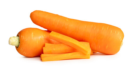 Side view of fresh orange carrot roots with slices in stick shape in stack isolated on white background with clipping path