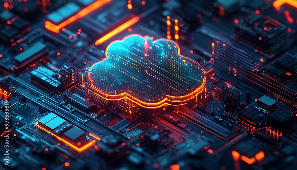 Poster abstract cloud computing technology concept, neon cloud symbol on a circuit board