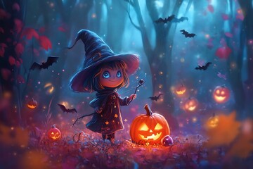 Fototapeta premium Cute Halloween Witch in Forest with Jack o Lantern and Bats
