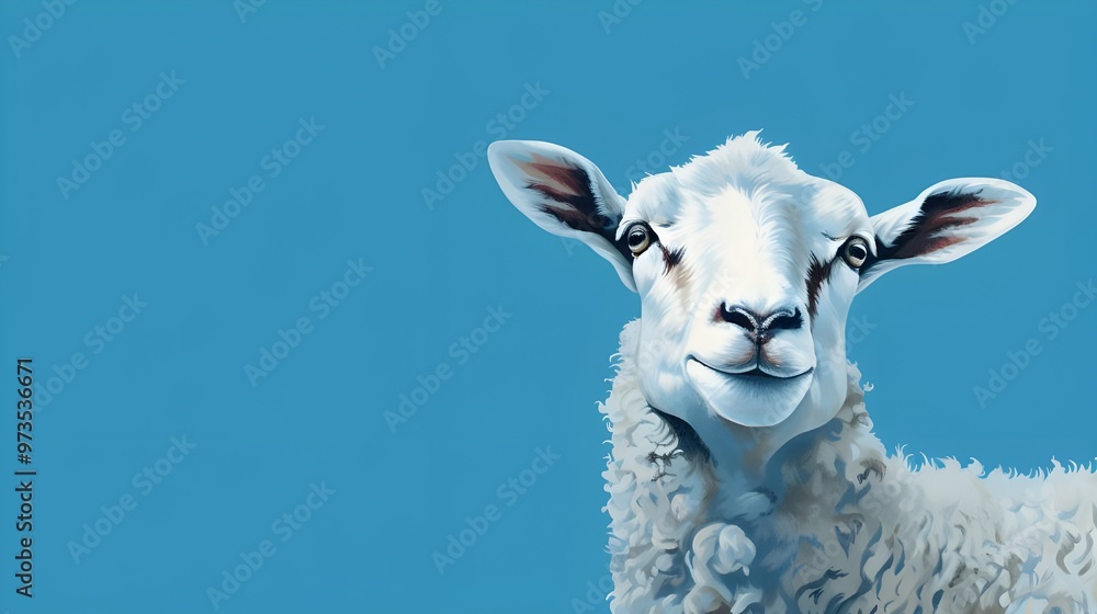 Poster close up of a white sheep on blue background.