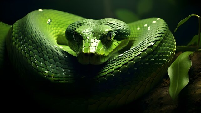 green snake on a branch.