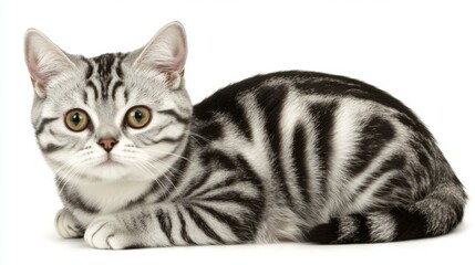 adorable American Shorthair cat showcases its striking round face and unique striped coat while sitting on a clean white backdrop, exuding a calm presence.