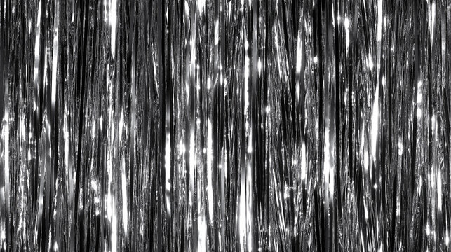 shimmering straight tinsel garland curtain texture in a solid metallic gray color