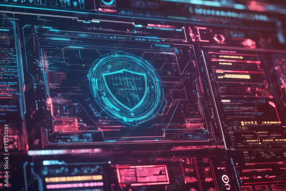 Aufkleber a futuristic interface showing a security breach alert, with a multicolored digital shield protectin