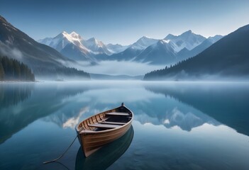 Obraz premium A wooden boat floating on a serene lake surrounded by majestic snow-capped mountains in the background