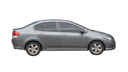 Side view of gray sedan sports car isolated with clipping path in png file format