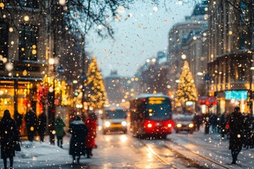 Fototapeta premium Busy city street with snowfall and Christmas decorations