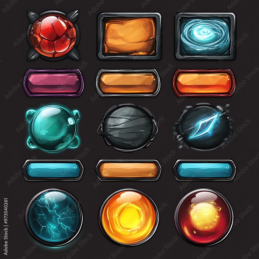 Poster set of 18 fantasy ui buttons for game design