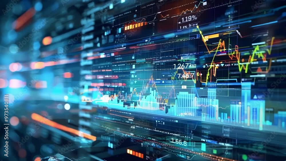 Poster abstract background showing a hologram with financial charts, numbers, and data processing. perfect 