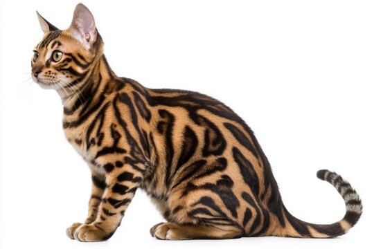 magnificent Toyger cat showcases its unique striped coat and muscular stature, exuding elegance and strength on a clean white backdrop, captivating all with its fierce beauty.