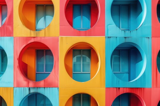 Vibrant architectural pattern featuring rhythmic circular windows in bold colors