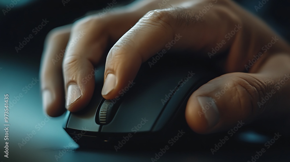 Poster closeup of a hand using a computer mouse, technology concept